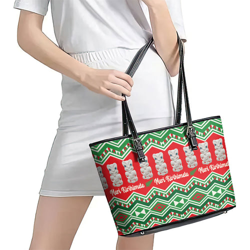 New Zealand Christmas In July Leather Tote Bag Meri Kirihimete Hei Tiki Taniko Motifs Seamless