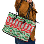 New Zealand Christmas In July Leather Tote Bag Meri Kirihimete Hei Tiki Taniko Motifs Seamless