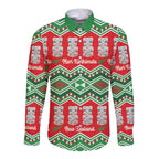 New Zealand Christmas In July Long Sleeve Button Shirt Meri Kirihimete Hei Tiki Taniko Motifs Seamless