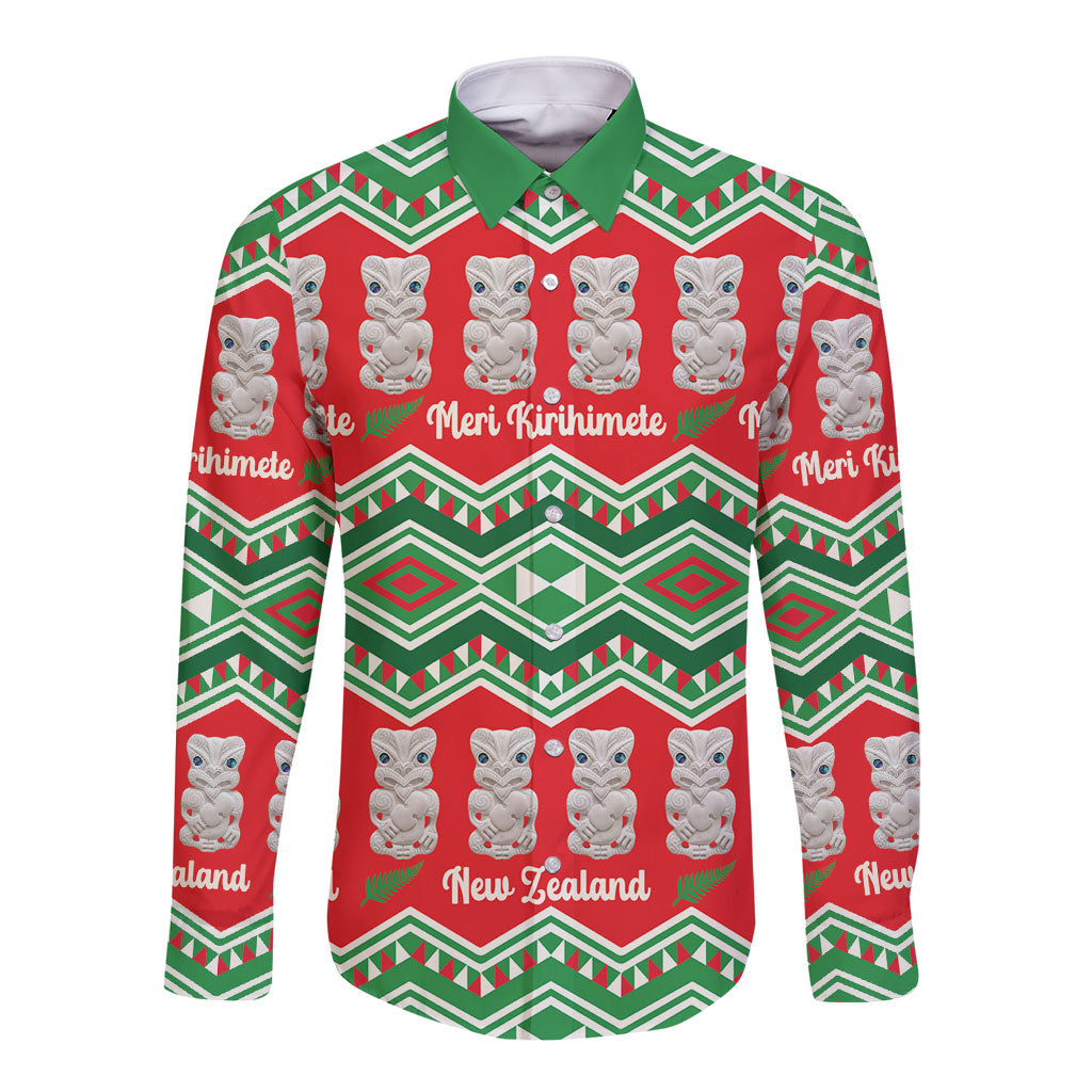 New Zealand Christmas In July Long Sleeve Button Shirt Meri Kirihimete Hei Tiki Taniko Motifs Seamless