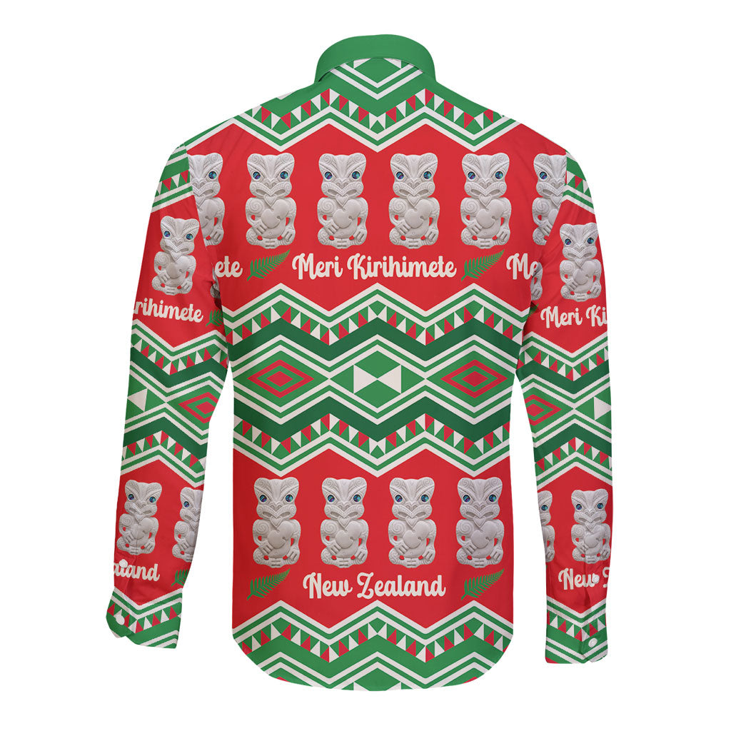 New Zealand Christmas In July Long Sleeve Button Shirt Meri Kirihimete Hei Tiki Taniko Motifs Seamless