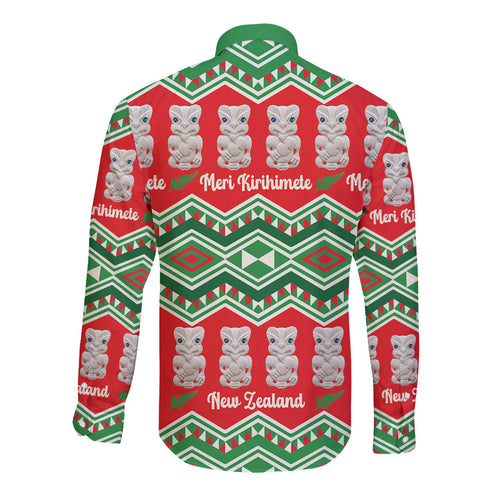 New Zealand Christmas In July Long Sleeve Button Shirt Meri Kirihimete Hei Tiki Taniko Motifs Seamless