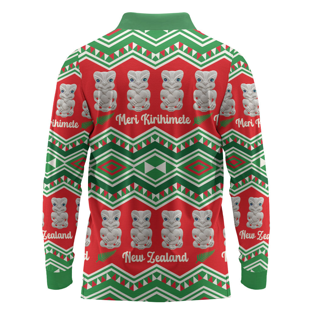 New Zealand Christmas In July Long Sleeve Polo Shirt Meri Kirihimete Hei Tiki Taniko Motifs Seamless