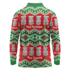New Zealand Christmas In July Long Sleeve Polo Shirt Meri Kirihimete Hei Tiki Taniko Motifs Seamless