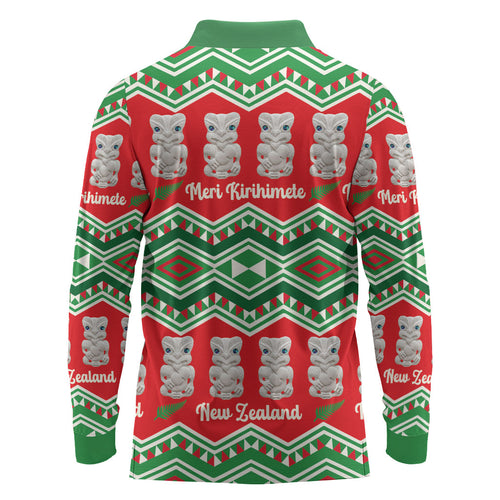 New Zealand Christmas In July Long Sleeve Polo Shirt Meri Kirihimete Hei Tiki Taniko Motifs Seamless