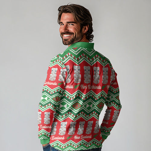 New Zealand Christmas In July Long Sleeve Polo Shirt Meri Kirihimete Hei Tiki Taniko Motifs Seamless
