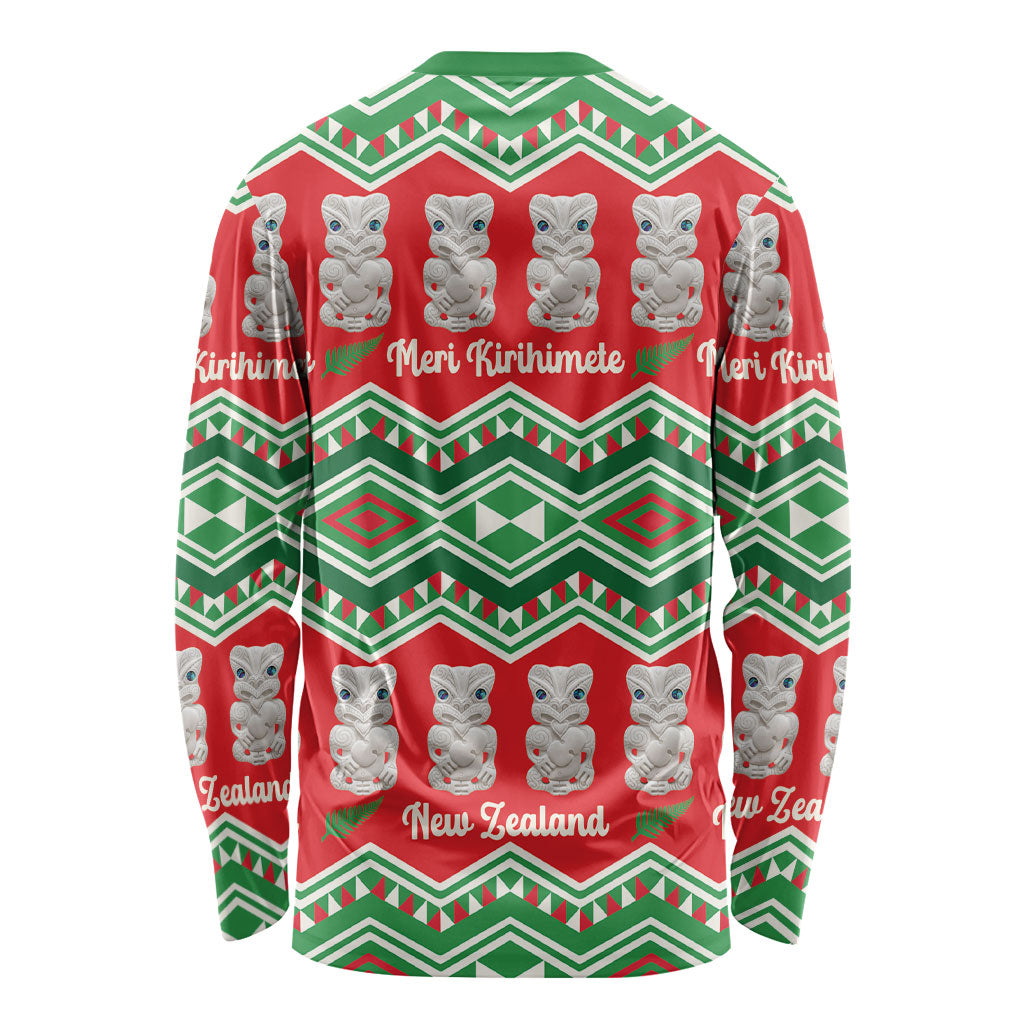 New Zealand Christmas In July Long Sleeve Shirt Meri Kirihimete Hei Tiki Taniko Motifs Seamless
