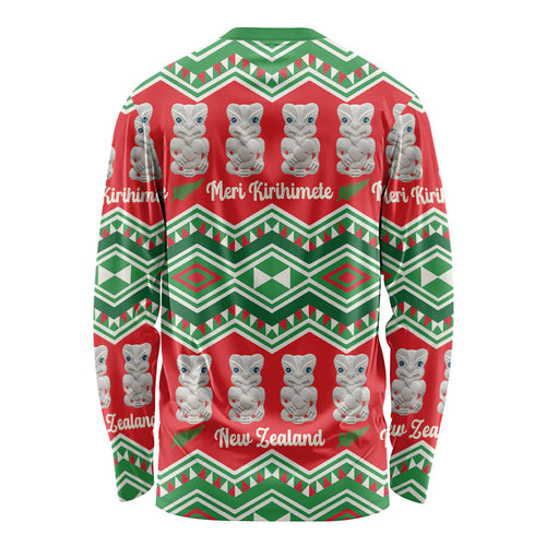 New Zealand Christmas In July Long Sleeve Shirt Meri Kirihimete Hei Tiki Taniko Motifs Seamless