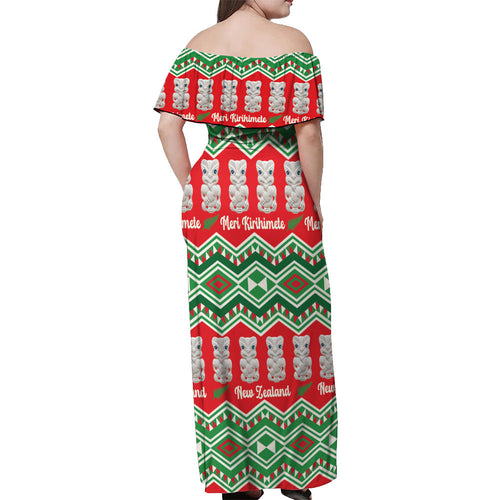 New Zealand Christmas In July Off Shoulder Maxi Dress Meri Kirihimete Hei Tiki Taniko Motifs Seamless
