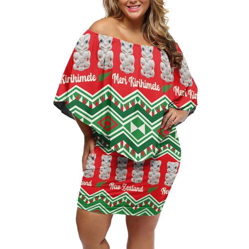 New Zealand Christmas In July Off Shoulder Short Dress Meri Kirihimete Hei Tiki Taniko Motifs Seamless