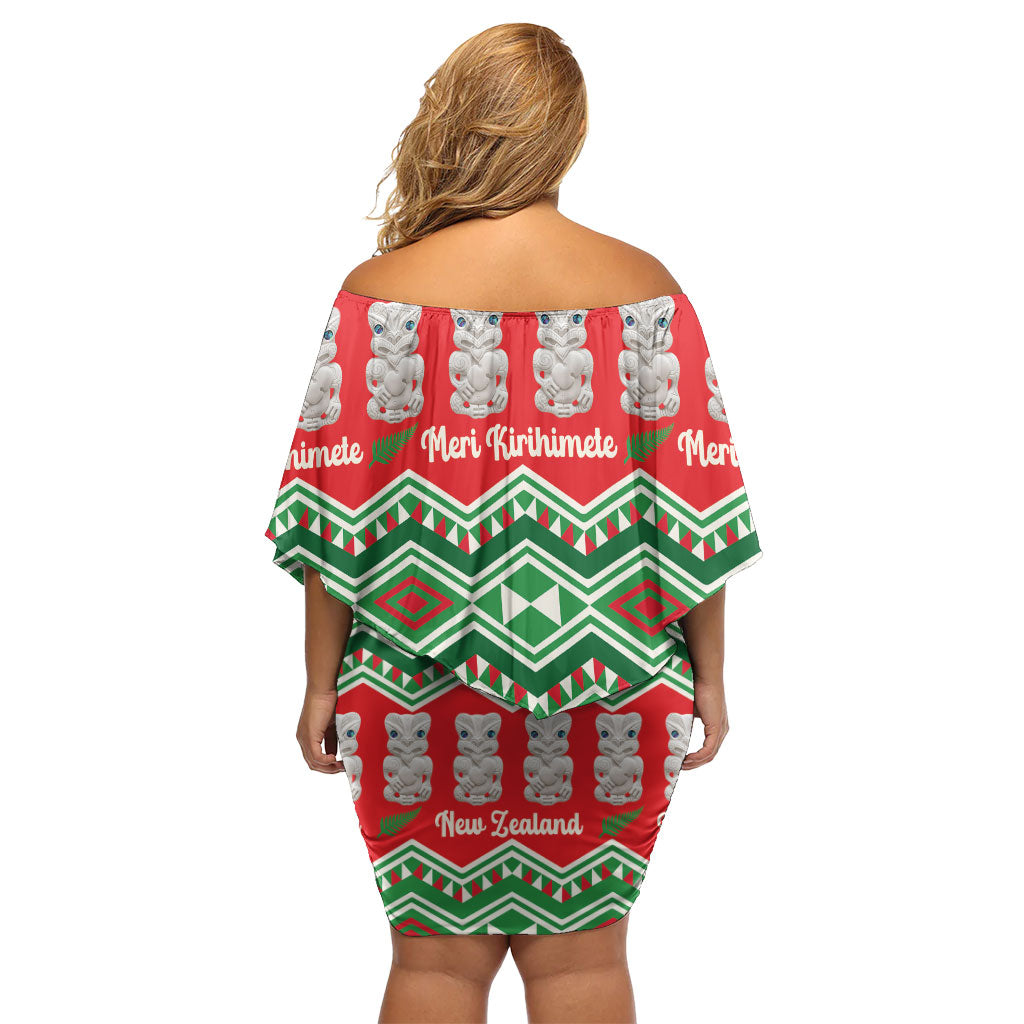 New Zealand Christmas In July Off Shoulder Short Dress Meri Kirihimete Hei Tiki Taniko Motifs Seamless