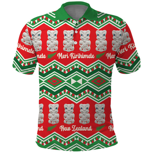 New Zealand Christmas In July Polo Shirt Meri Kirihimete Hei Tiki Taniko Motifs Seamless