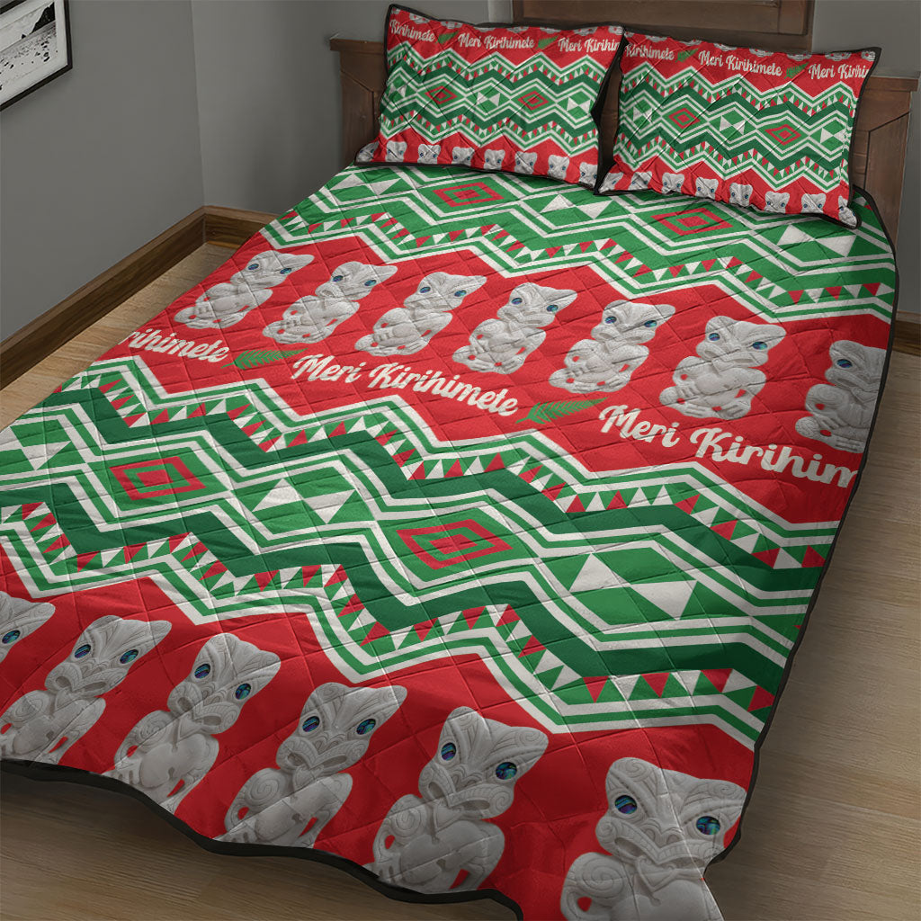 New Zealand Christmas In July Quilt Bed Set Meri Kirihimete Hei Tiki Taniko Motifs Seamless