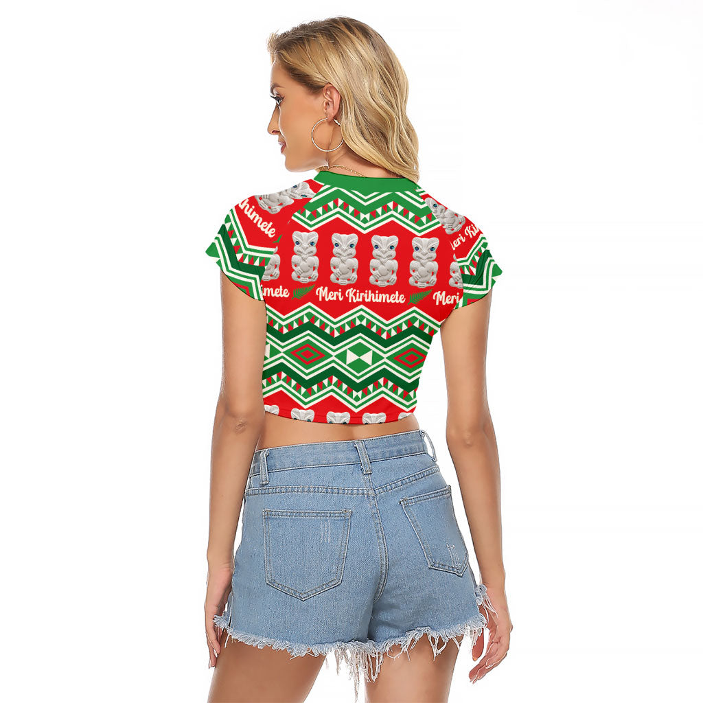 New Zealand Christmas In July Raglan Cropped T Shirt Meri Kirihimete Hei Tiki Taniko Motifs Seamless
