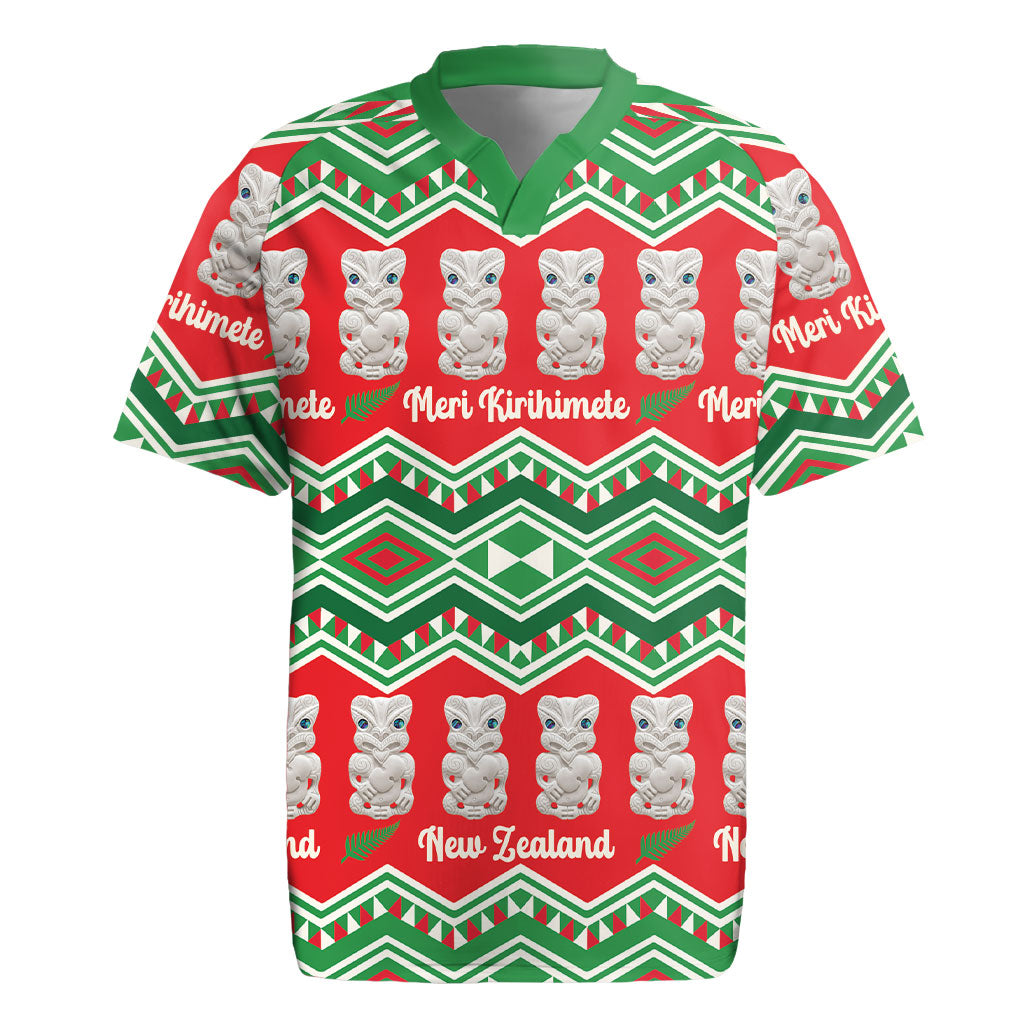 New Zealand Christmas In July Rugby Jersey Meri Kirihimete Hei Tiki Taniko Motifs Seamless