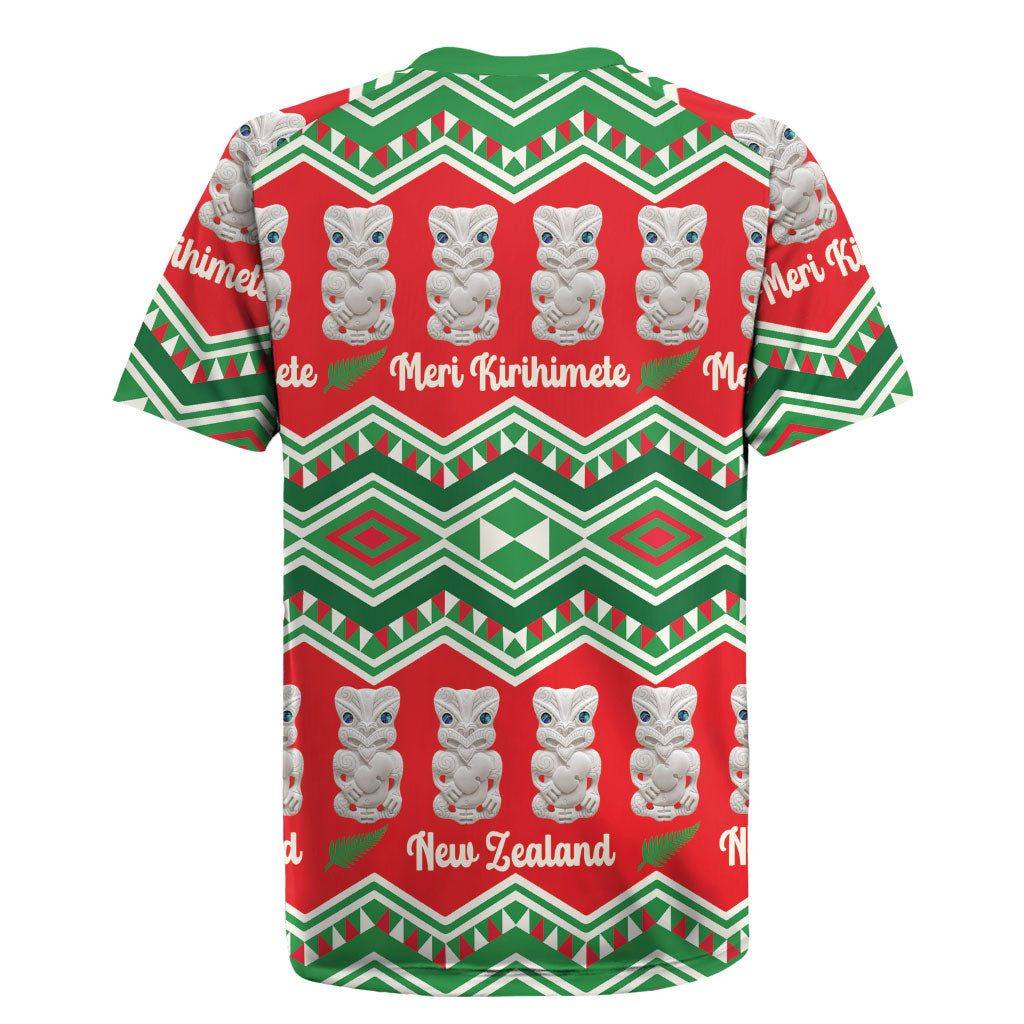 New Zealand Christmas In July Rugby Jersey Meri Kirihimete Hei Tiki Taniko Motifs Seamless