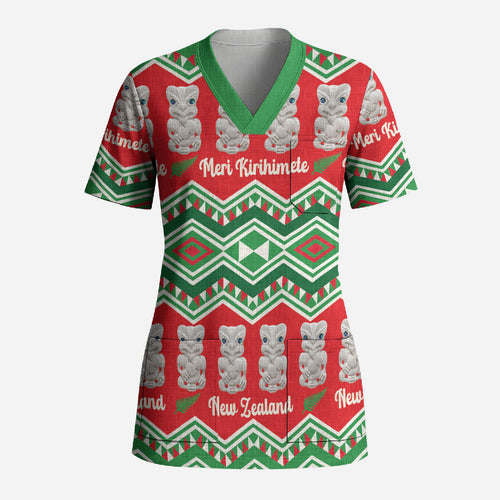 New Zealand Christmas In July Scrub Top Meri Kirihimete Hei Tiki Taniko Motifs Seamless