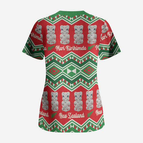 New Zealand Christmas In July Scrub Top Meri Kirihimete Hei Tiki Taniko Motifs Seamless