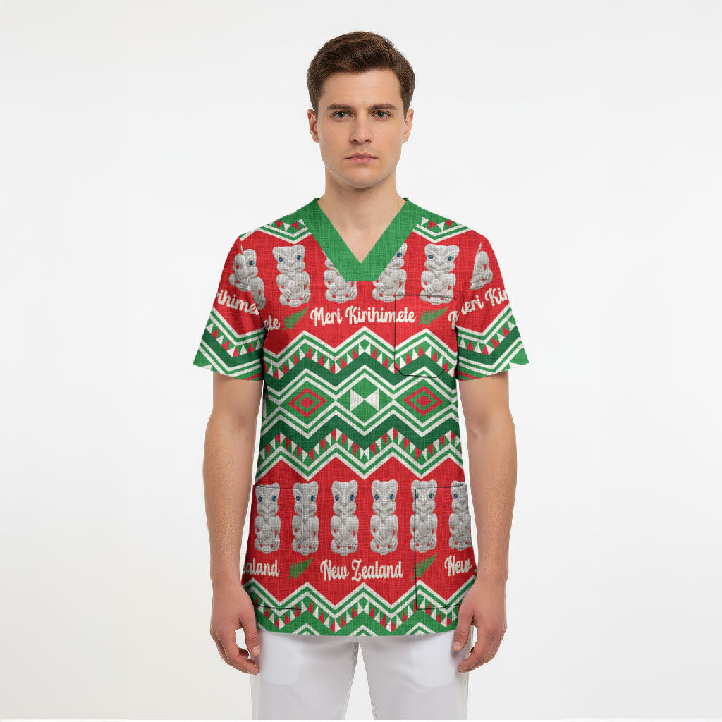New Zealand Christmas In July Scrub Top Meri Kirihimete Hei Tiki Taniko Motifs Seamless