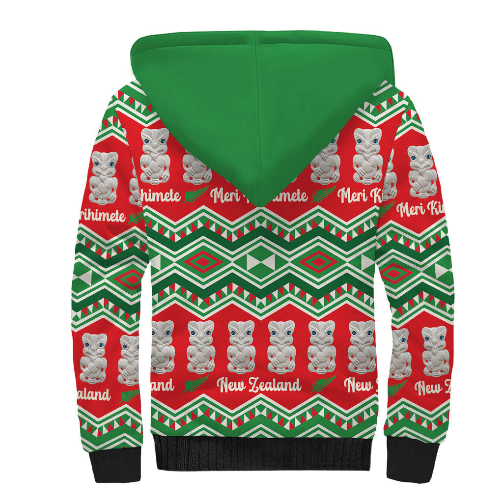 New Zealand Christmas In July Sherpa Hoodie Meri Kirihimete Hei Tiki Taniko Motifs Seamless