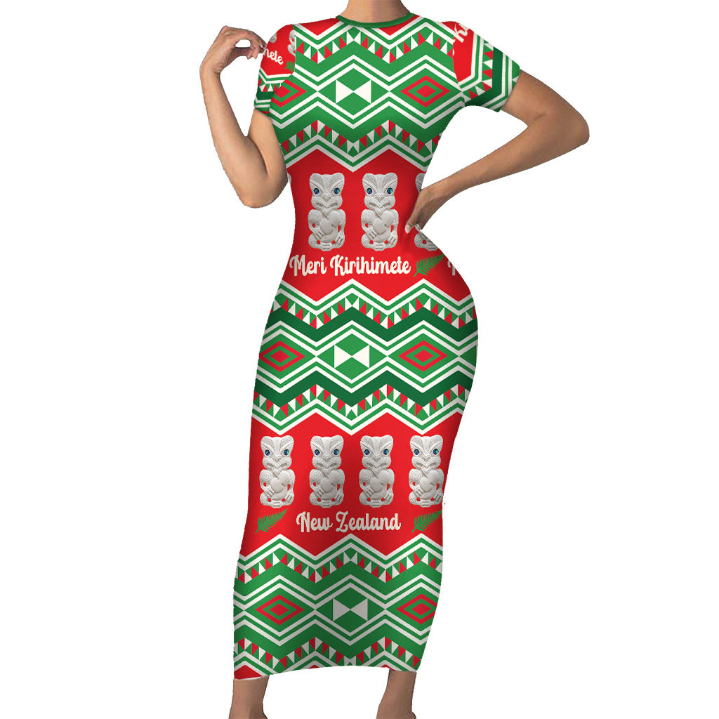 New Zealand Christmas In July Short Sleeve Bodycon Dress Meri Kirihimete Hei Tiki Taniko Motifs Seamless