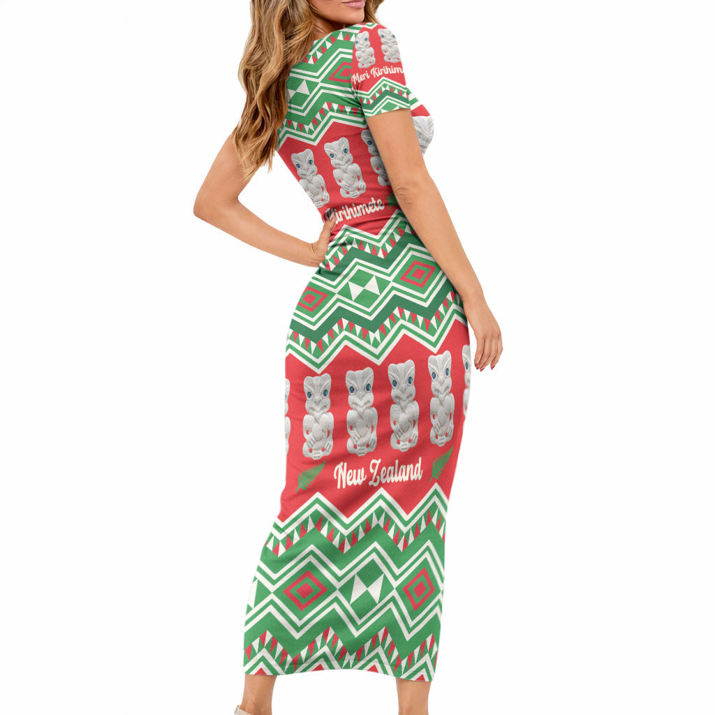 New Zealand Christmas In July Short Sleeve Bodycon Dress Meri Kirihimete Hei Tiki Taniko Motifs Seamless LT14