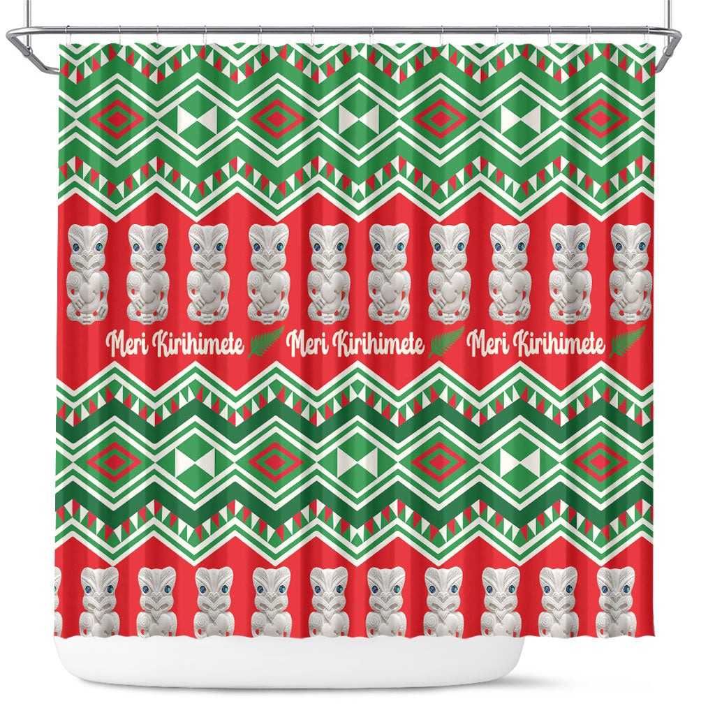 New Zealand Christmas In July Shower Curtain Meri Kirihimete Hei Tiki Taniko Motifs Seamless