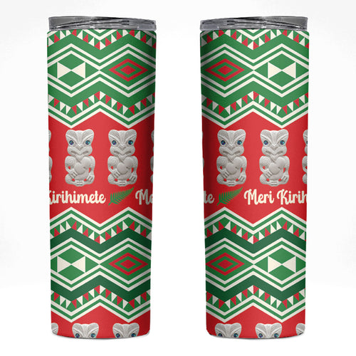 New Zealand Christmas In July Skinny Tumbler Meri Kirihimete Hei Tiki Taniko Motifs Seamless