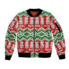 New Zealand Christmas In July Sleeve Zip Bomber Jacket Meri Kirihimete Hei Tiki Taniko Motifs Seamless