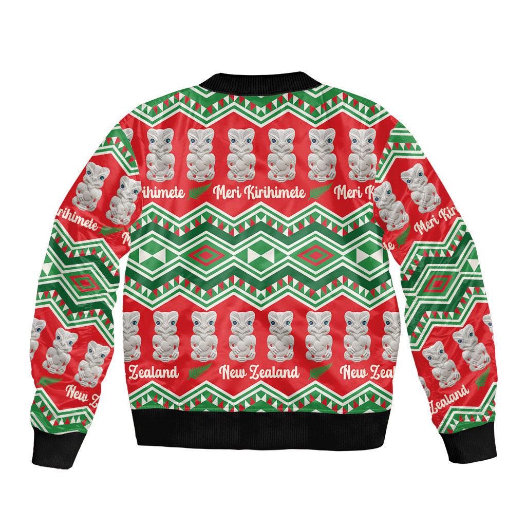 New Zealand Christmas In July Sleeve Zip Bomber Jacket Meri Kirihimete Hei Tiki Taniko Motifs Seamless
