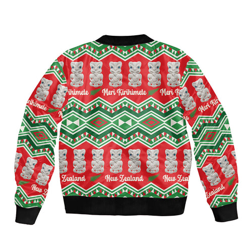 New Zealand Christmas In July Sleeve Zip Bomber Jacket Meri Kirihimete Hei Tiki Taniko Motifs Seamless