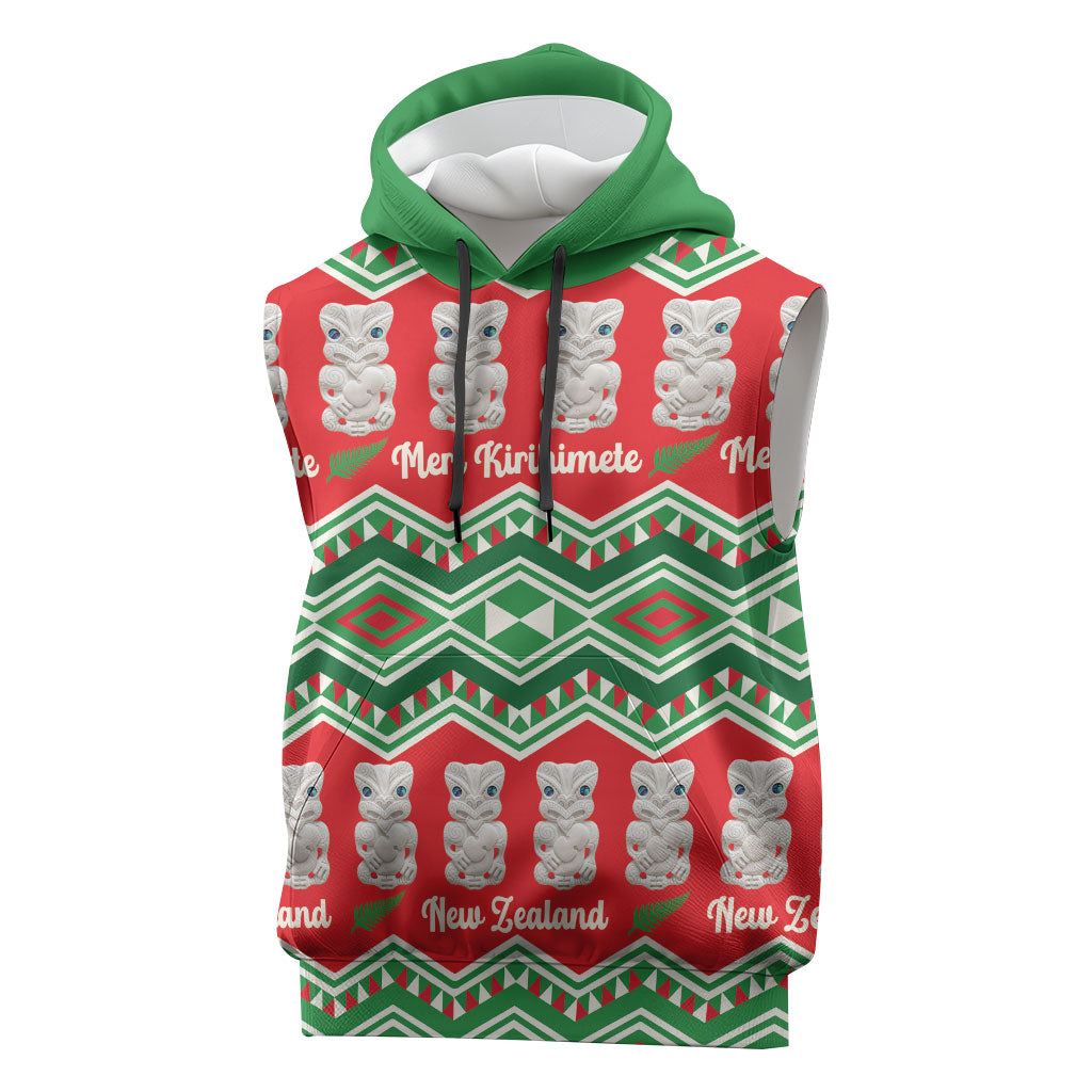 New Zealand Christmas In July Sleeveless Hoodie Meri Kirihimete Hei Tiki Taniko Motifs Seamless