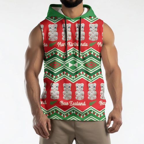 New Zealand Christmas In July Sleeveless Hoodie Meri Kirihimete Hei Tiki Taniko Motifs Seamless