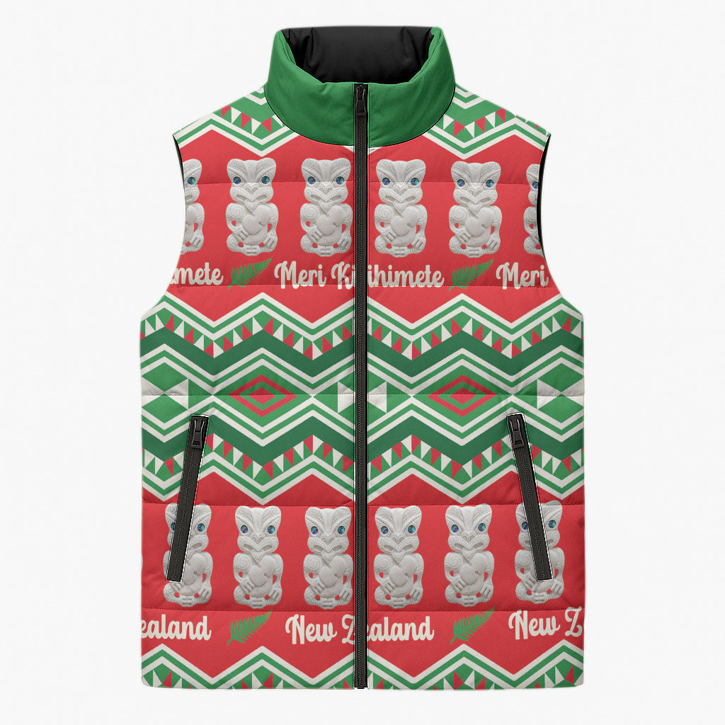 New Zealand Christmas In July Sleeveless Puffer Jacket Meri Kirihimete Hei Tiki Taniko Motifs Seamless