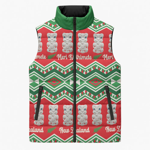 New Zealand Christmas In July Sleeveless Puffer Jacket Meri Kirihimete Hei Tiki Taniko Motifs Seamless