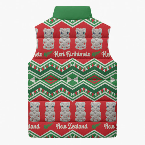 New Zealand Christmas In July Sleeveless Puffer Jacket Meri Kirihimete Hei Tiki Taniko Motifs Seamless