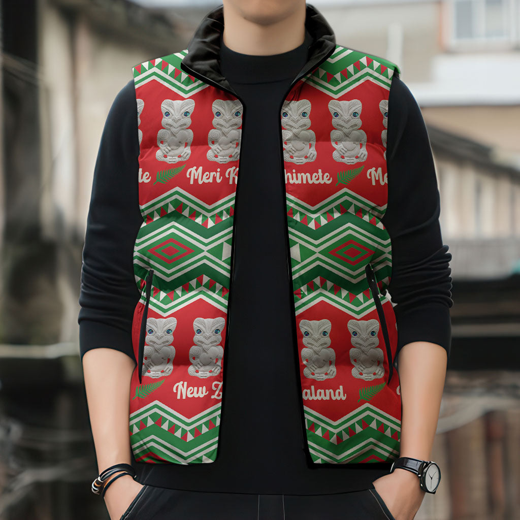 New Zealand Christmas In July Sleeveless Puffer Jacket Meri Kirihimete Hei Tiki Taniko Motifs Seamless