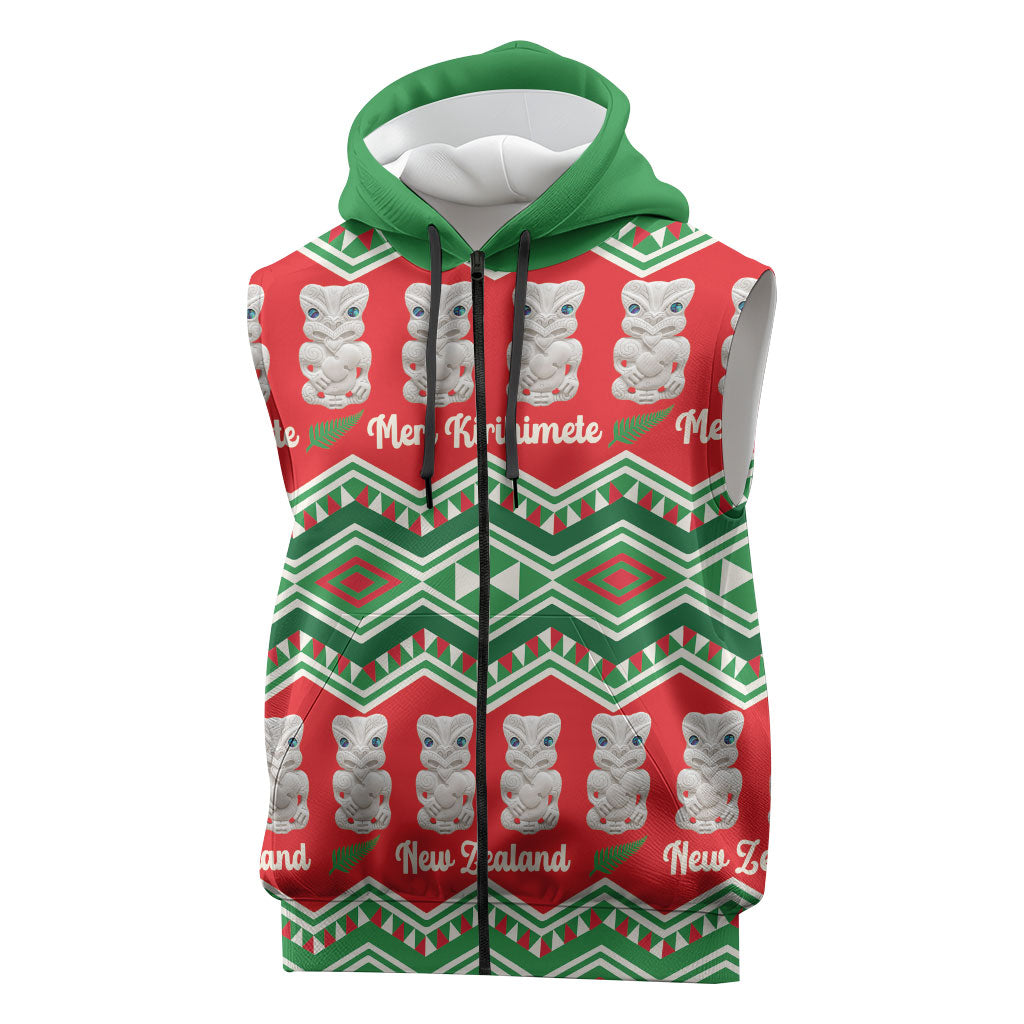 New Zealand Christmas In July Sleeveless Zip Hoodie Meri Kirihimete Hei Tiki Taniko Motifs Seamless