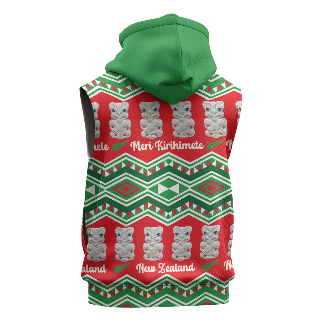 New Zealand Christmas In July Sleeveless Zip Hoodie Meri Kirihimete Hei Tiki Taniko Motifs Seamless