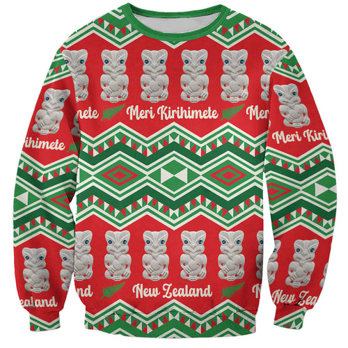 New Zealand Christmas In July Sweatshirt Meri Kirihimete Hei Tiki Taniko Motifs Seamless