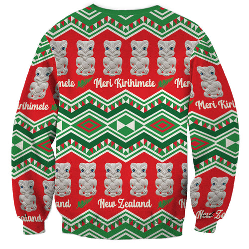 New Zealand Christmas In July Sweatshirt Meri Kirihimete Hei Tiki Taniko Motifs Seamless