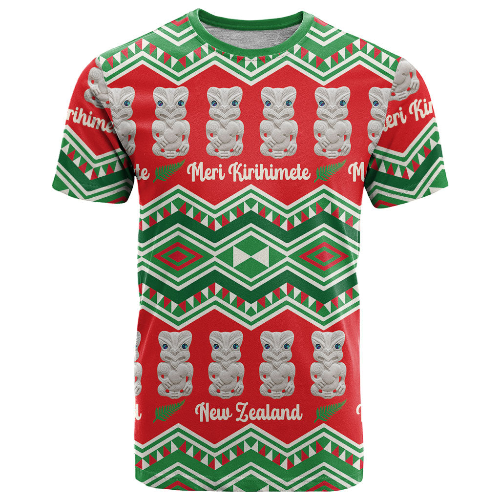 New Zealand Christmas In July T Shirt Meri Kirihimete Hei Tiki Taniko Motifs Seamless