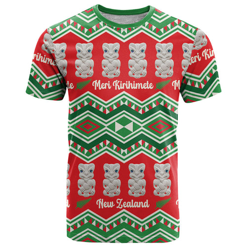 New Zealand Christmas In July T Shirt Meri Kirihimete Hei Tiki Taniko Motifs Seamless