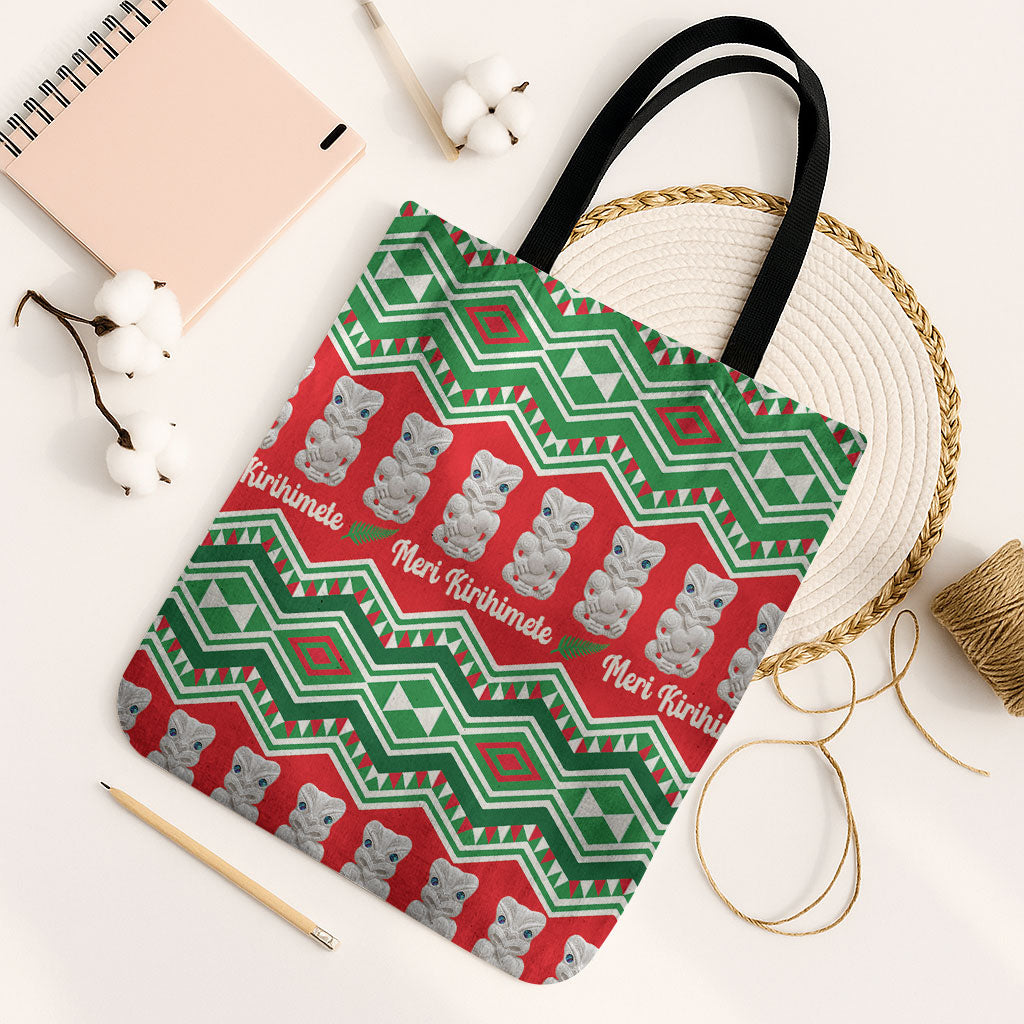 New Zealand Christmas In July Tote Bag Meri Kirihimete Hei Tiki Taniko Motifs Seamless