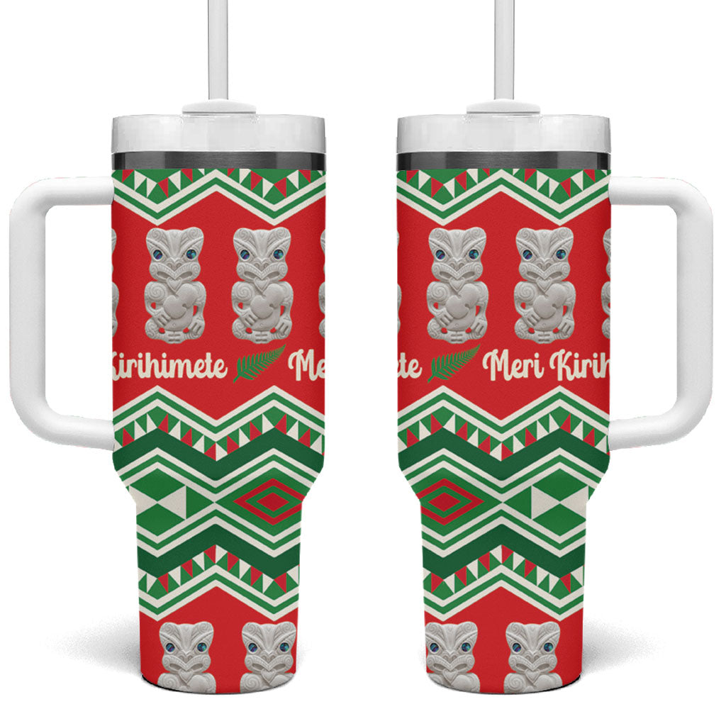 New Zealand Christmas In July Tumbler With Handle Meri Kirihimete Hei Tiki Taniko Motifs Seamless