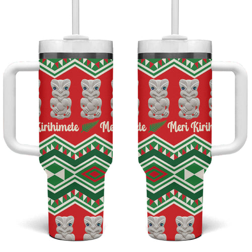 New Zealand Christmas In July Tumbler With Handle Meri Kirihimete Hei Tiki Taniko Motifs Seamless