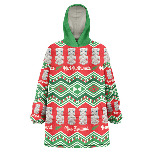 New Zealand Christmas In July Wearable Blanket Hoodie Meri Kirihimete Hei Tiki Taniko Motifs Seamless
