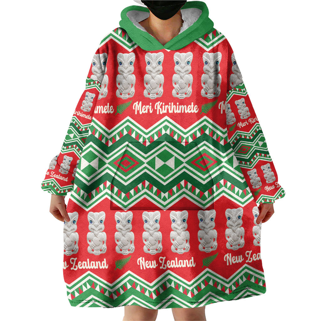 New Zealand Christmas In July Wearable Blanket Hoodie Meri Kirihimete Hei Tiki Taniko Motifs Seamless