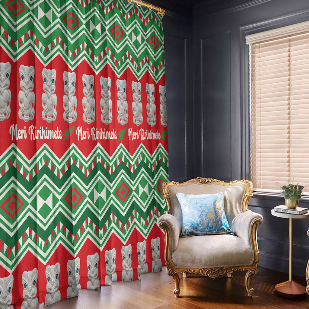New Zealand Christmas In July Window Curtain Meri Kirihimete Hei Tiki Taniko Motifs Seamless