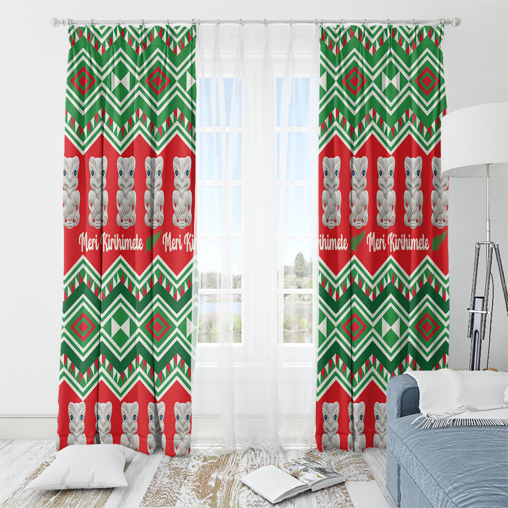 New Zealand Christmas In July Window Curtain Meri Kirihimete Hei Tiki Taniko Motifs Seamless